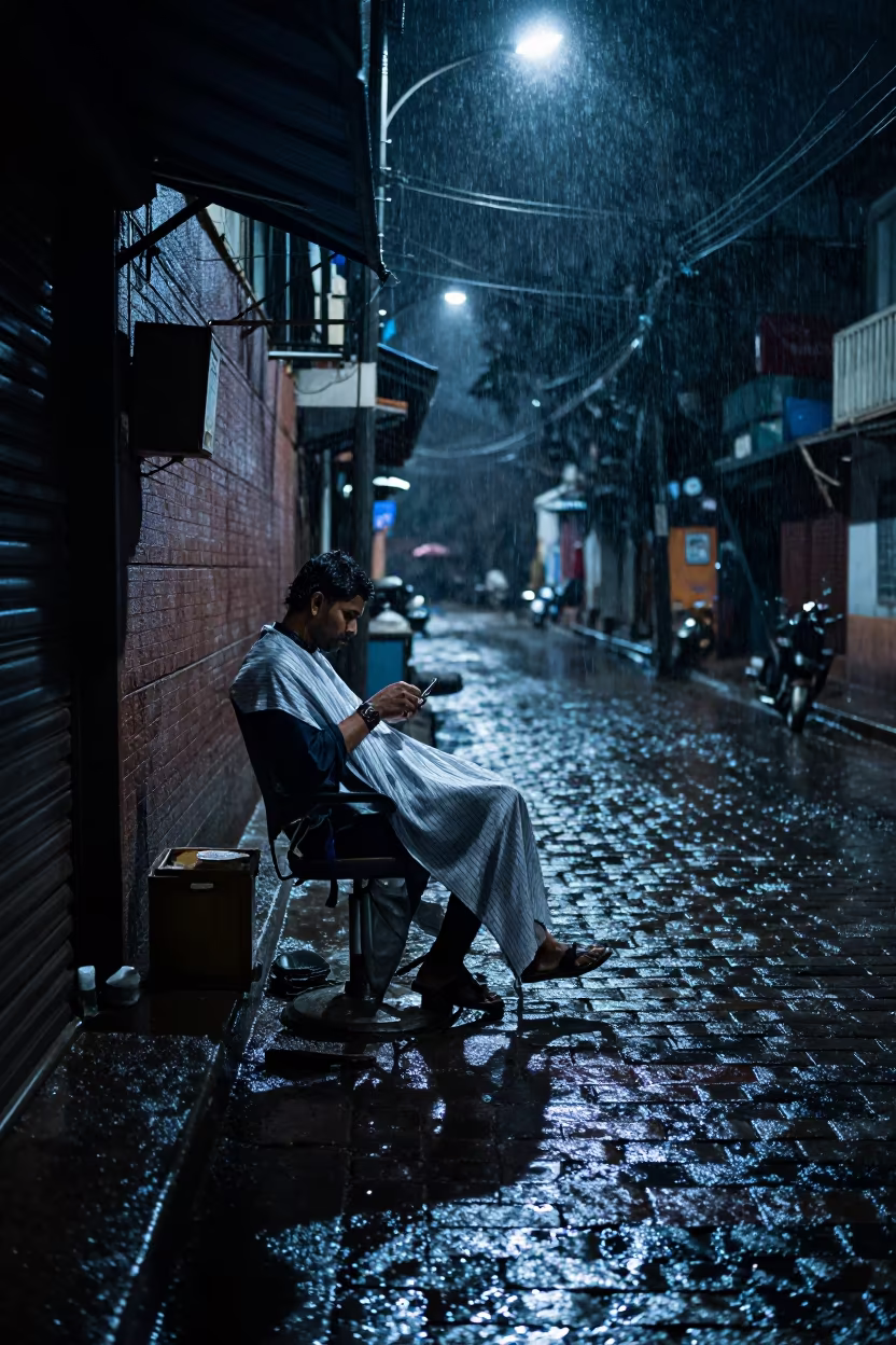 Monsoon Night Barber at Mumbai Harbor Wall in in a village lane near Mumbai