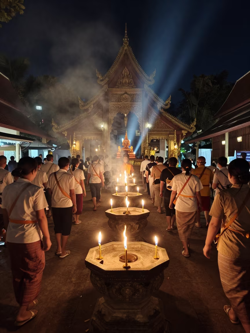 Monsoon Night Candlelit Walk Chiang Mai Temple in at the foot of a stone altar in Chiang Mai