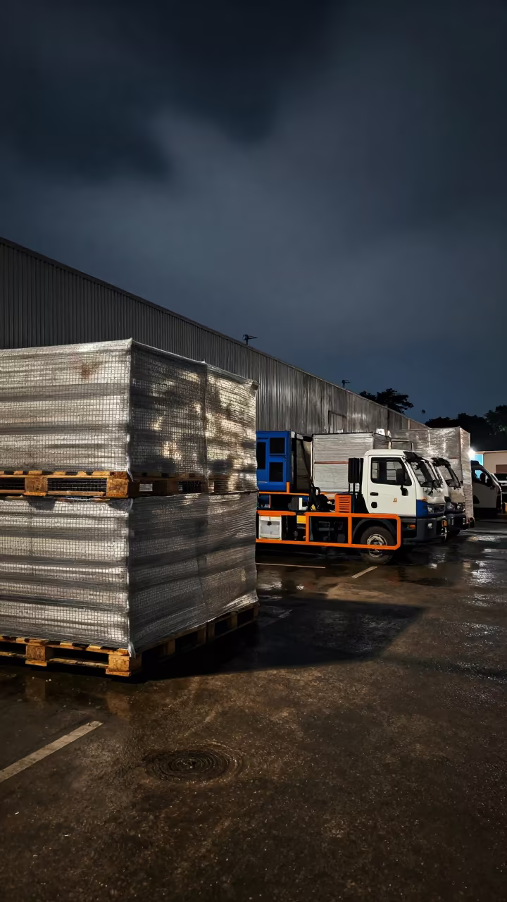 Monsoon Night Cargo Pallet Dharavi Airport in at an airport cargo build area in Dharavi, Mumbai