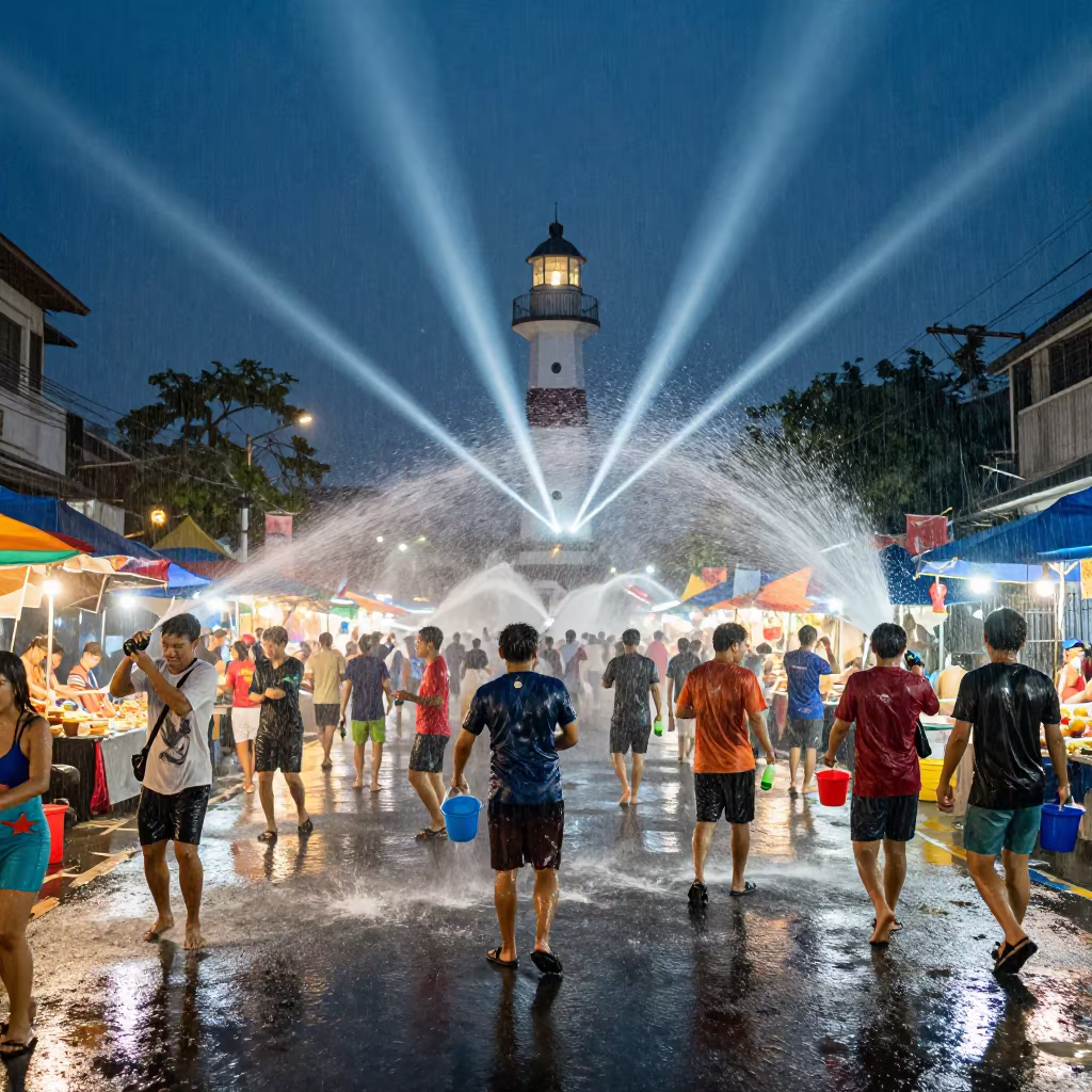Monsoon Night Market Songkran Water Fight in at a night market in Charoen Krung, Bangkok