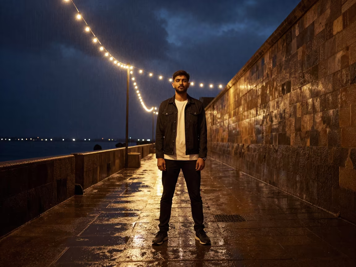 Monsoon Night Portrait Sukkur Harbor Wall in against a wind-beaten harbor wall in Sukkur