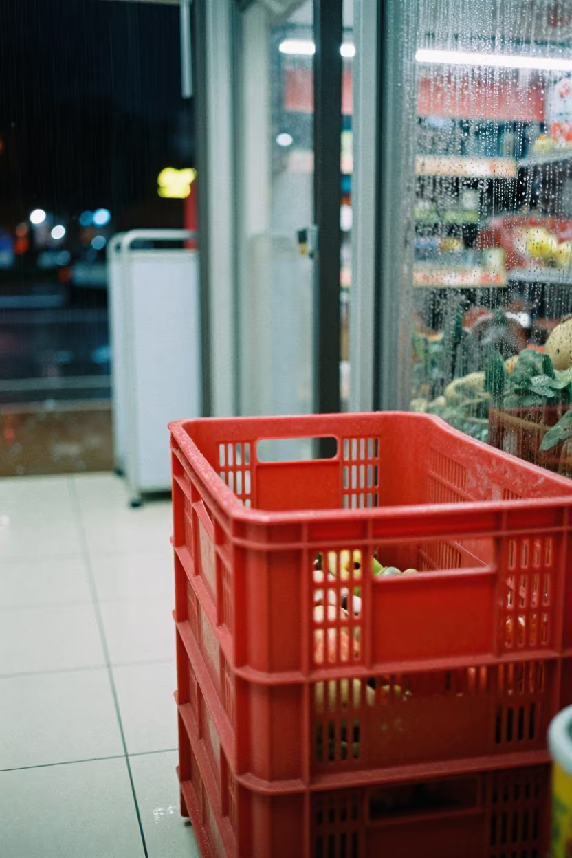 Monsoon Night Produce Crate in Jabalpur Retail in inside a bright retail aisle in Jabalpur