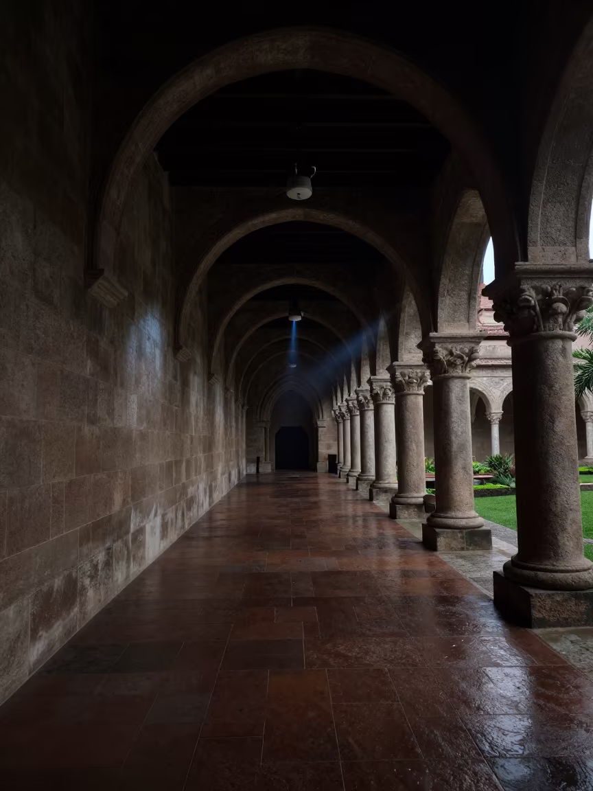 Monsoon Night Projector Light in Las Vegas Cloister in along a monastery corridor in Las Vegas