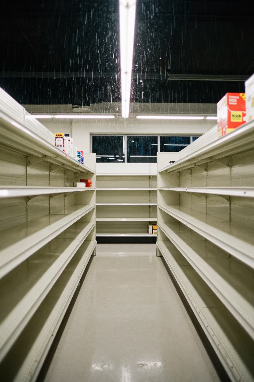 Monsoon Night Reset at Maroua Cash Wrap in inside a bright retail aisle near Maroua