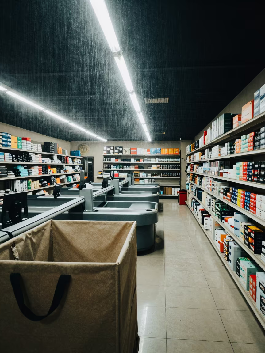 Monsoon Night Retail Reset Bertoua Fabric Bin in inside a storefront prepared for opening in Bertoua