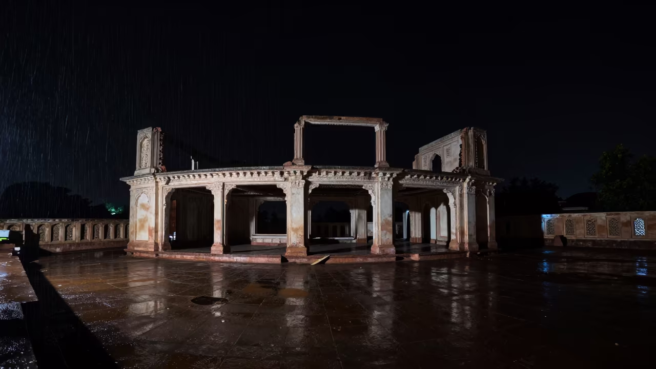 Monsoon Night Ruin of Roofless Hammam and Saloon in inside a roofless hammam near Meerut