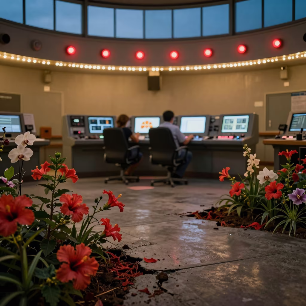 Monsoon Observatory Flowers Crack Concrete Floor in in a specimen archive room in Huambo