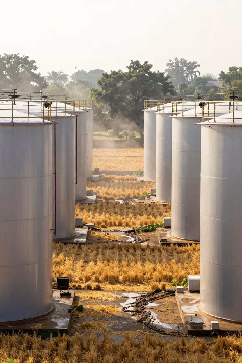 Monsoon Oil Tanks Over Dehradun Harvested Fields in across a harvested grain field in Dehradun