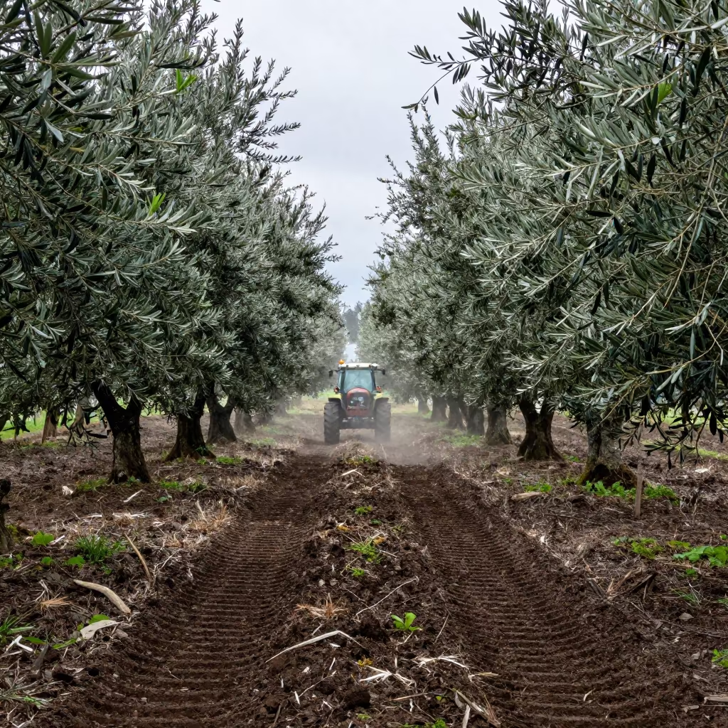 Monsoon Olive Grove Tractor Track Noon in beside a tractor track through dark soil in Vancouver