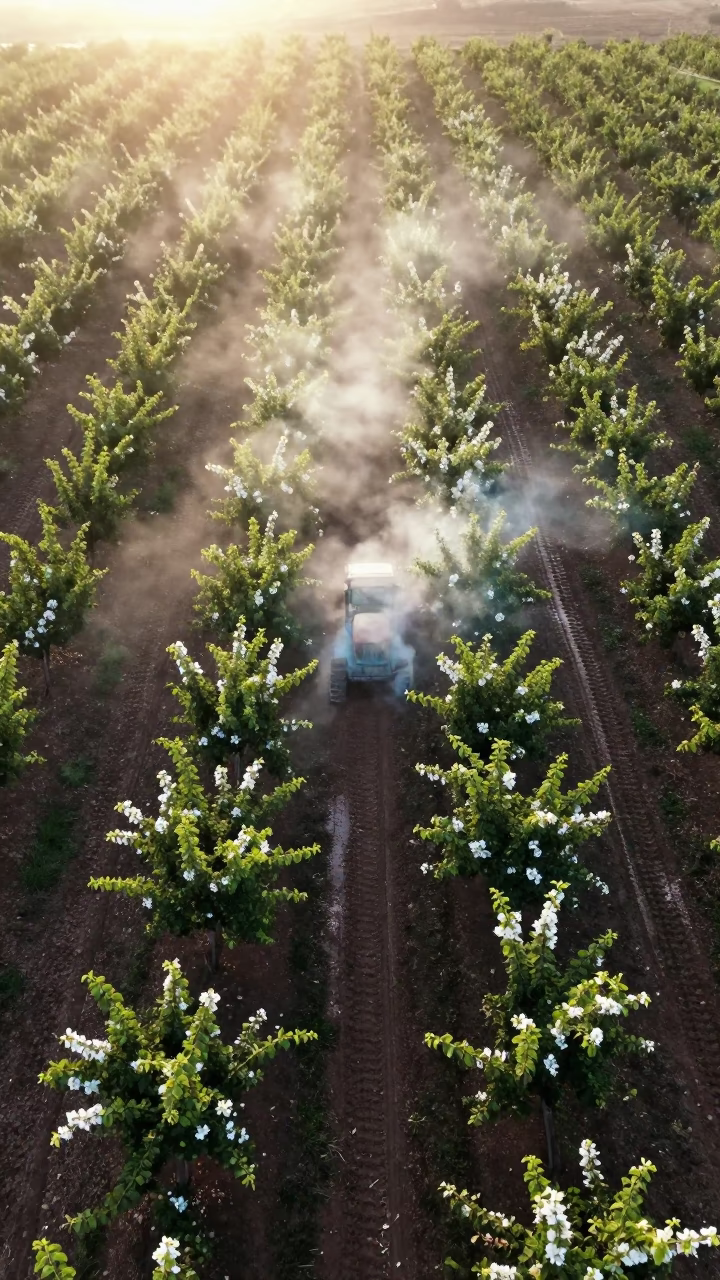 Monsoon Orchard Bloom Drifting Smoke Rows in beside a tractor track through dark soil in the Balearic Islands