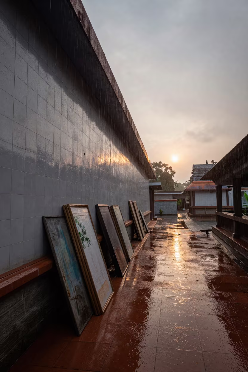 Monsoon Pack Against Tiled Wall in Roofless Nave in inside a roofless nave near Karaikudi