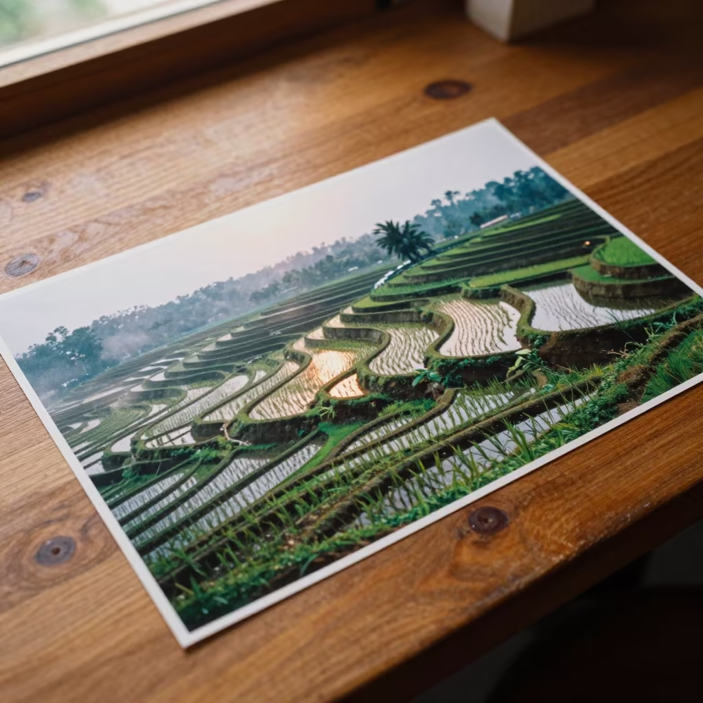 Monsoon Paddy Reflection on Cafe Table in on a cafe table by a window in Khulna