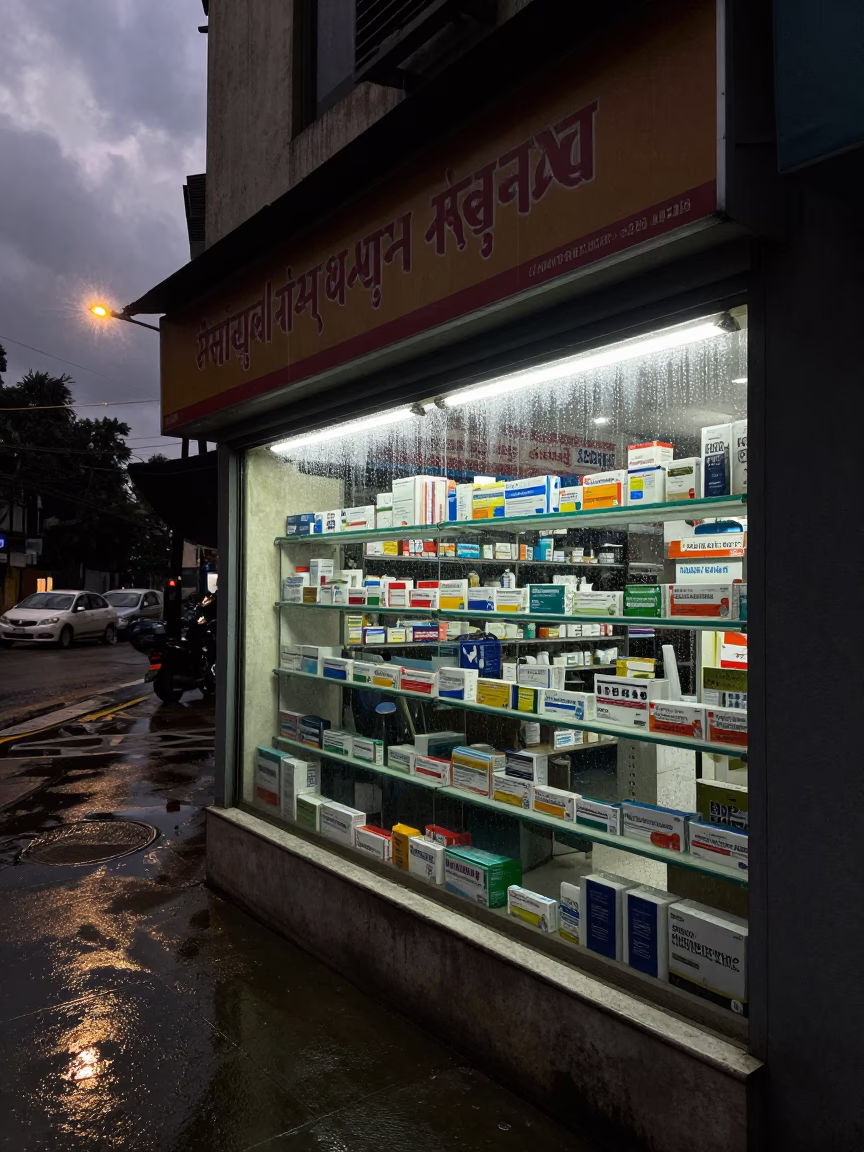 Monsoon Pharmacy Shelf in Guwahati Predawn Light in outside a lit retail frontage after dark in Guwahati