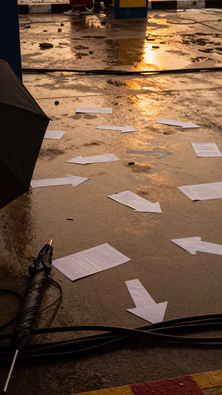 Monsoon Polling Station Floor with Arrows and Umbrellas in in a community center hall near Hassan