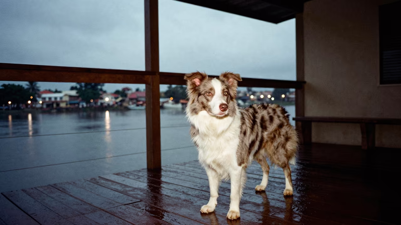 Monsoon Porch Portrait Border Collie Ouidah in on a shaded front porch with boards, railings, and eye-level framing in Ouidah