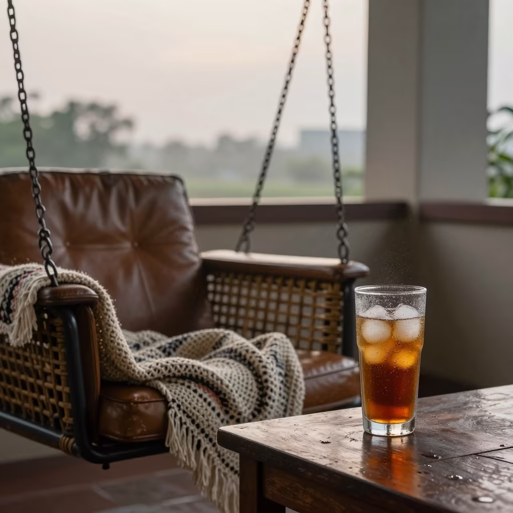 Monsoon Porch Swing with Iced Tea and Blanket in on a worn leather armchair near Hyderabad