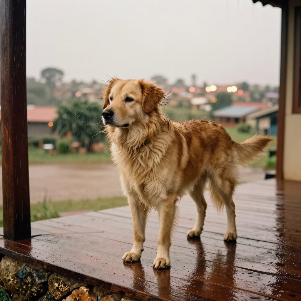 Monsoon Portrait of Barbado da Terceira on Ile Ife Porch in on a shaded front porch with boards, railings, and eye-level framing near Ile Ife