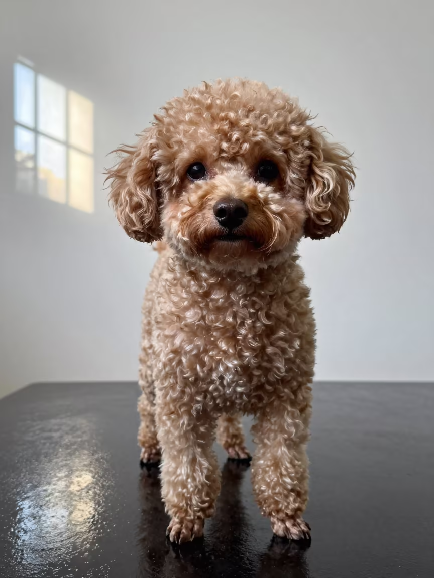 Monsoon Portrait of Pathein Teacup Poodle in in a quiet portrait studio with a plain backdrop and eye-level framing in Pathein