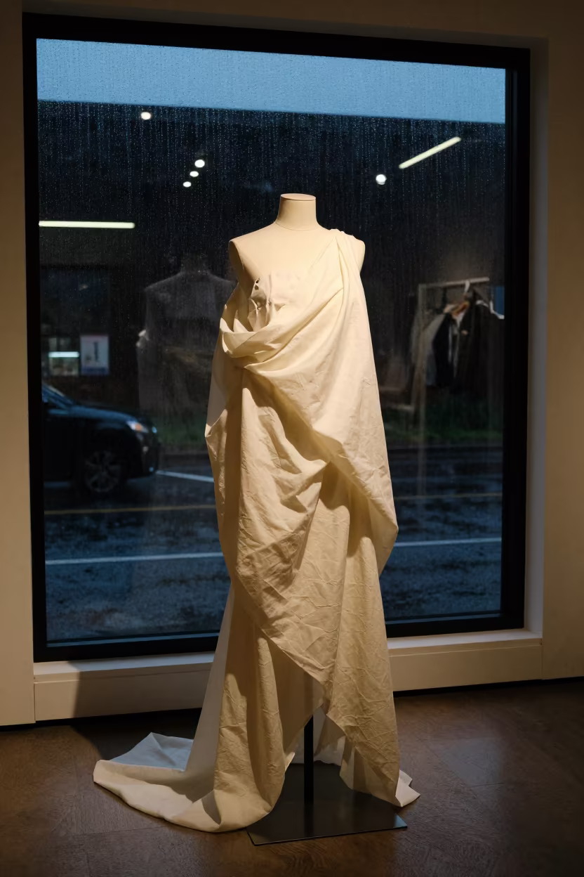 Monsoon Predawn Dress Form in Mekele Atelier in inside a minimalist showroom in Mekele