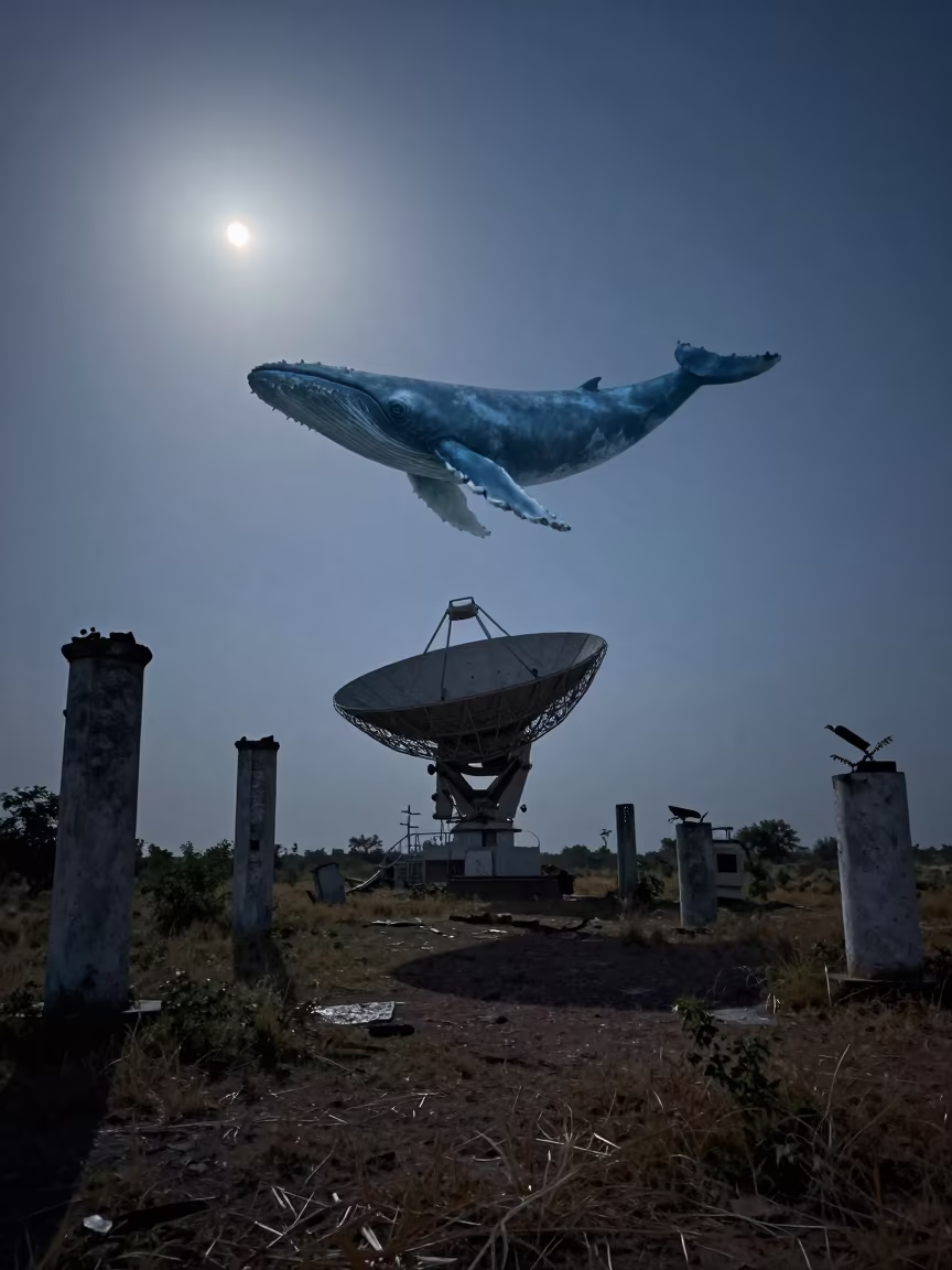 Monsoon Predawn Whale Shadow Over Rajasthan Radar in among toppled columns and nettles in Rajasthan