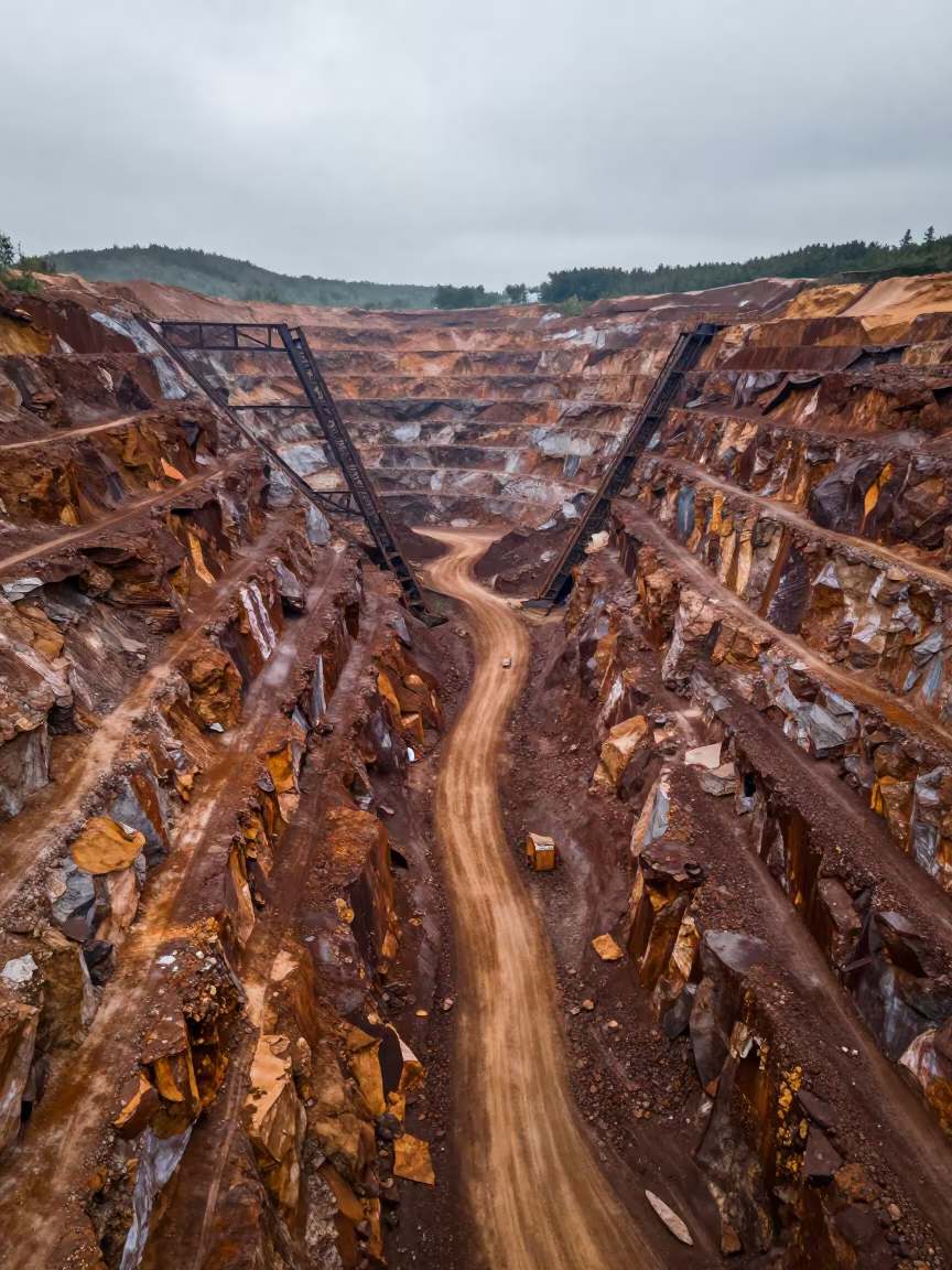 Monsoon Quarry Rock Layers Drone View in beside exposed structural steel near Puerto Barrios