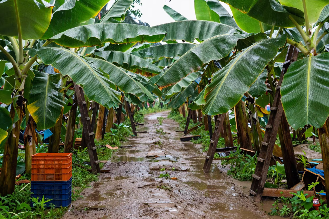 Monsoon Rain on Banana Path Binondo Manila in among orchard ladders and crates in Binondo, Manila