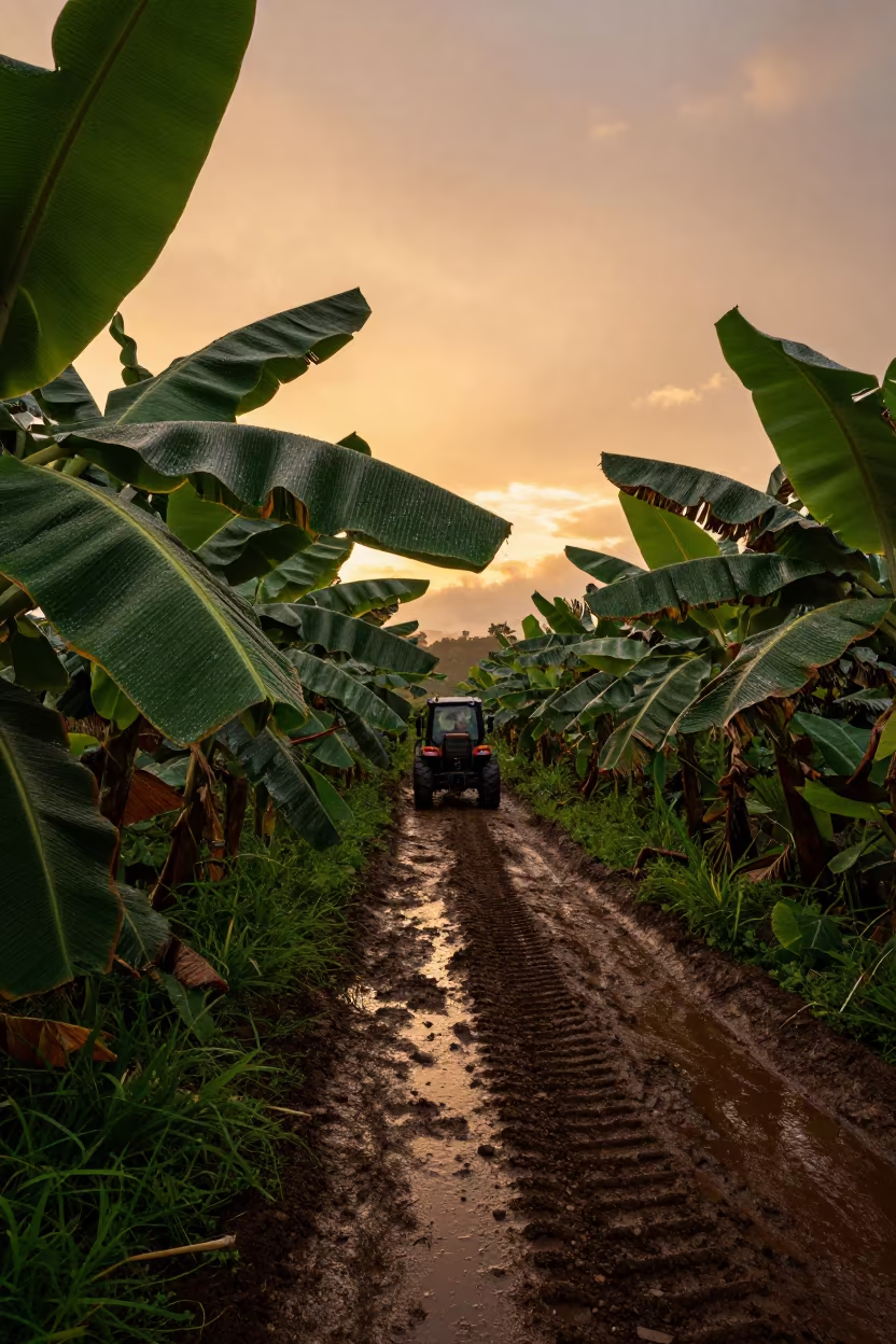 Monsoon Rain Slicks Banana Path Rio Evening in beside a tractor track through dark soil near Rio de Janeiro
