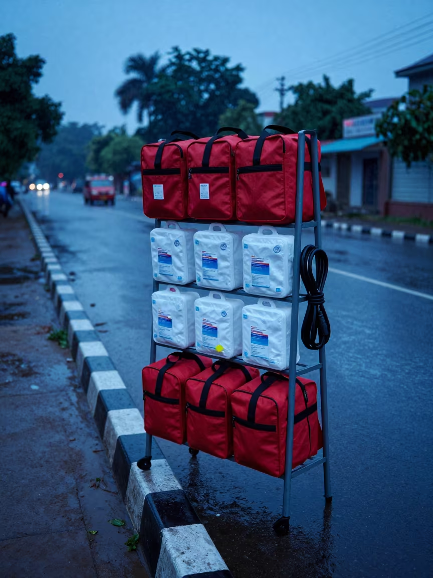 Monsoon Restock Rack at Vidisha Ambulance Bay in at a curbside ambulance stop in Vidisha
