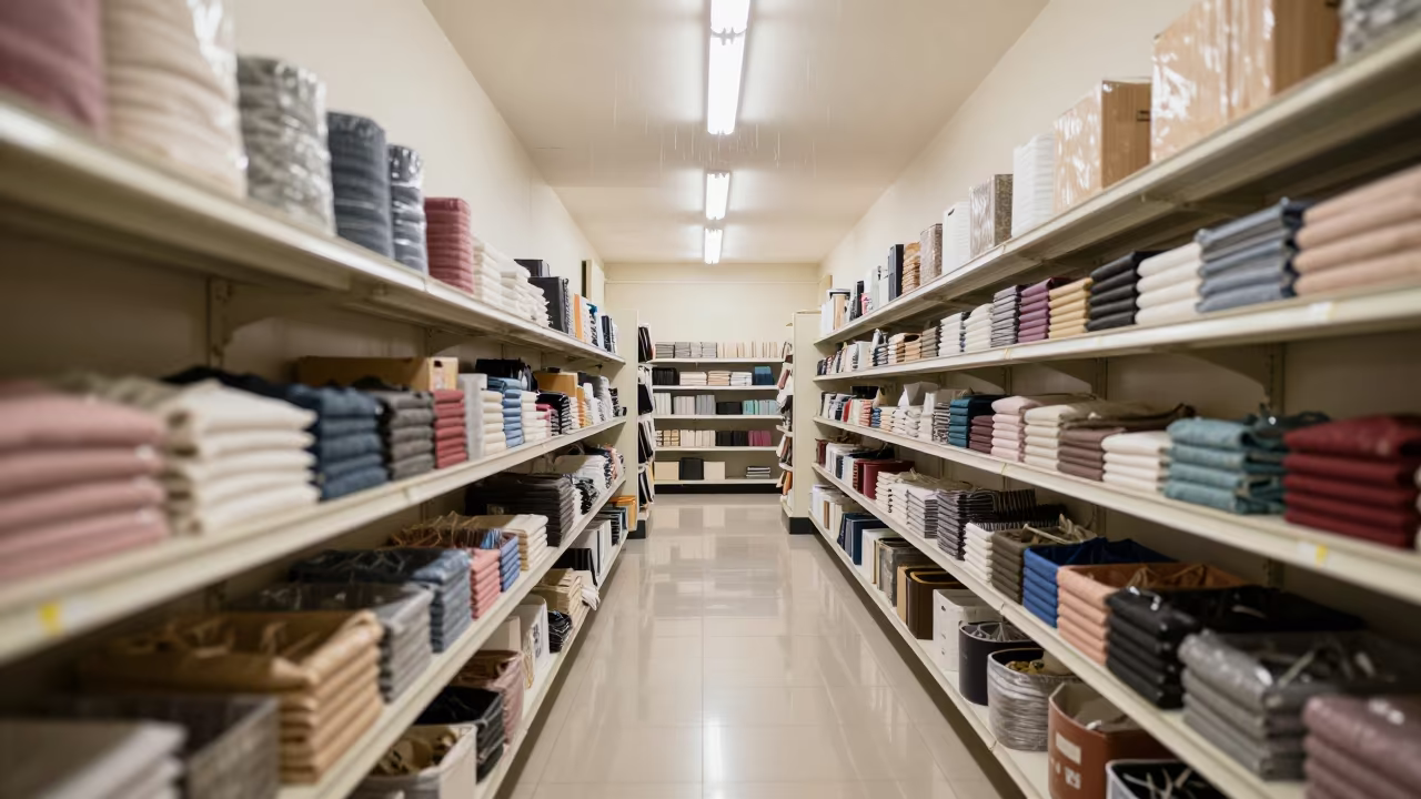 Monsoon Retail Aisle with Fabric Bins in Matola in inside a bright retail aisle near Matola