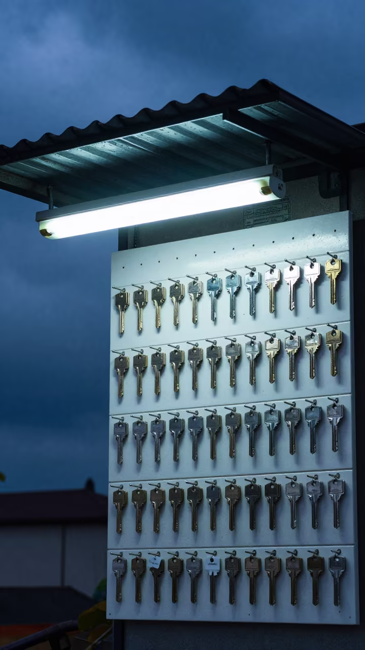 Monsoon Retail Key Blank Display Under Store Awning in beneath a shop awning at blue hour in Pune