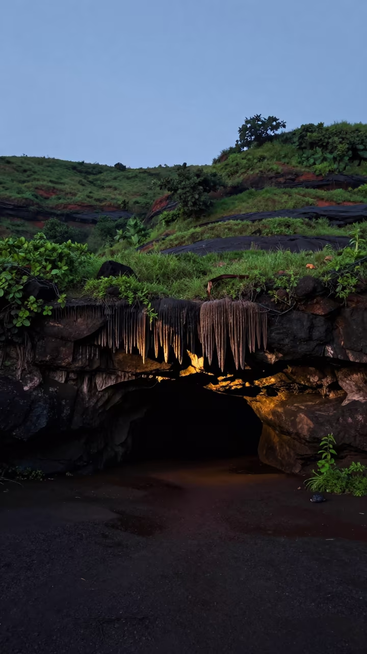 Monsoon Ridge Cave Stalactites Evening Shadow in from a ridge above layered foothills near Mumbai