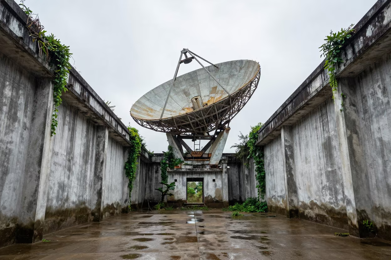 Monsoon Ruin Abandoned Radar Dish Myanmar in inside a roofless nave in Myanmar
