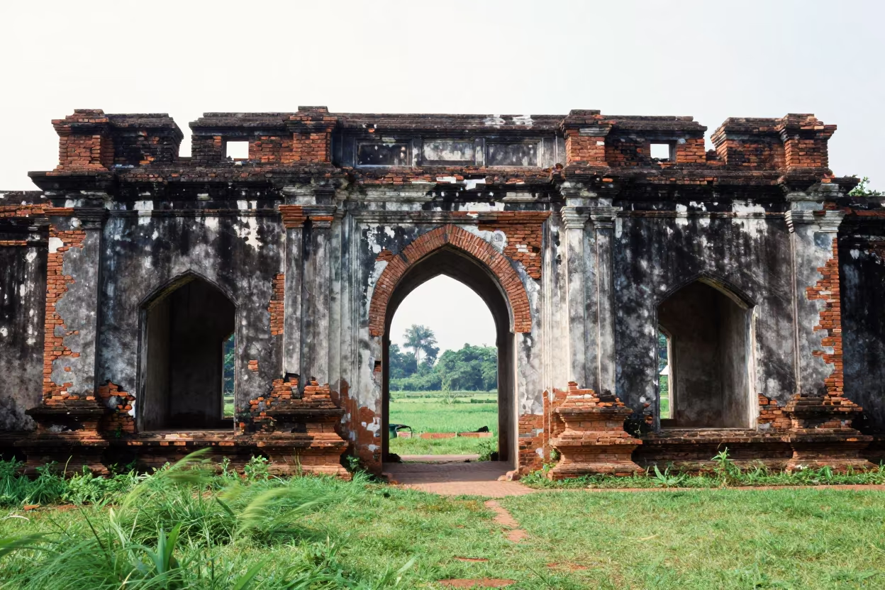 Monsoon Ruin Gate Over Green Valley in through a courtyard reclaimed by grasses near Jakarta