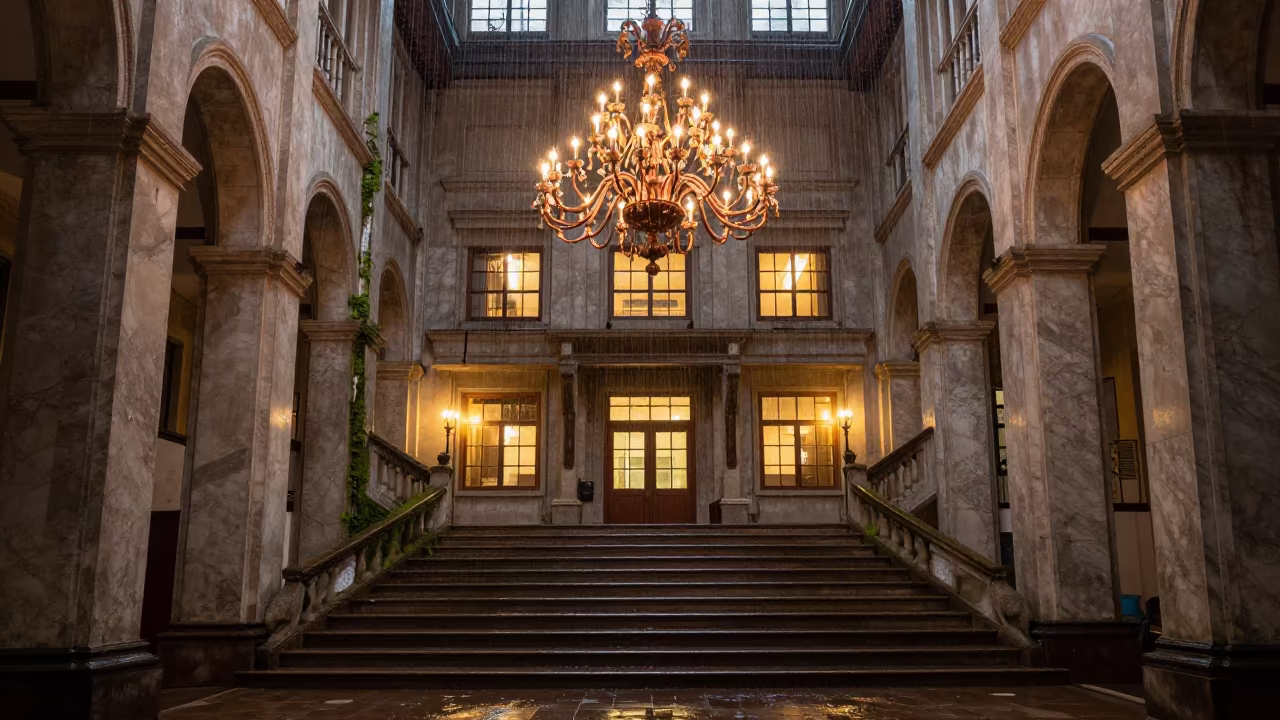 Monsoon Ruin Hotel Staircase Chandelier in inside a roofless nave in Shenzhen