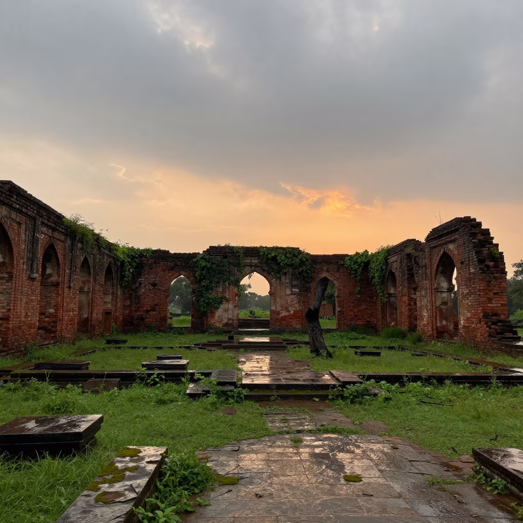Monsoon Ruin Silhouette Against Sunset Sky in through an abandoned ceremonial court near Lahore