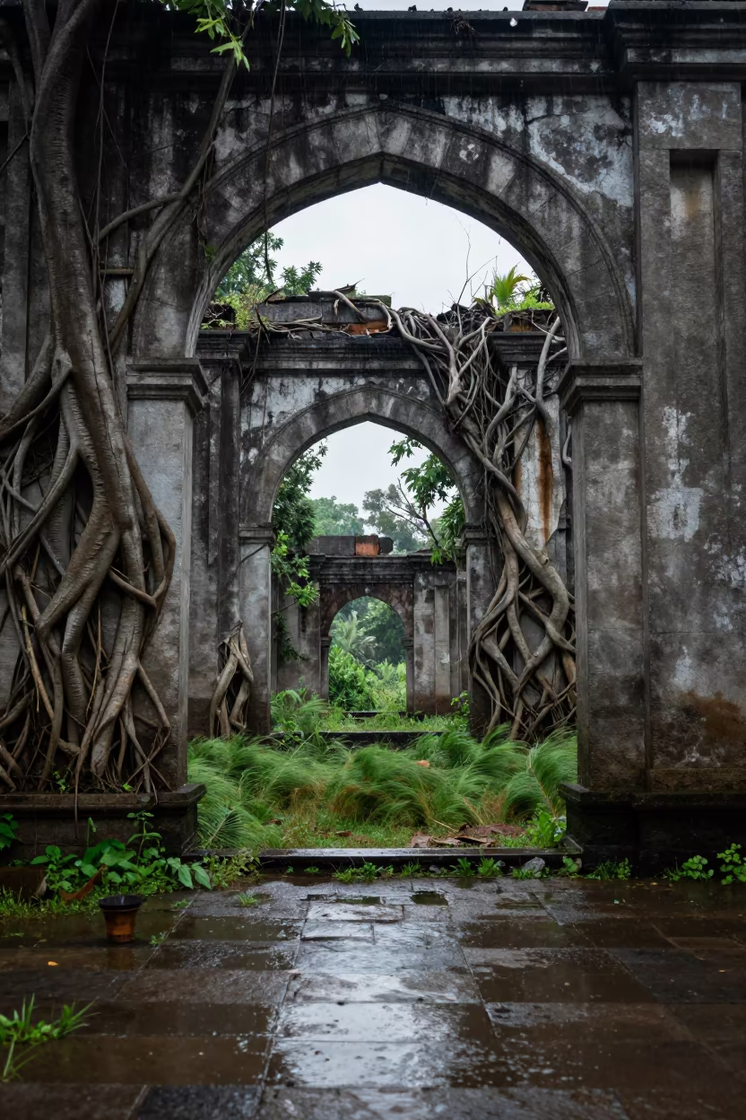 Monsoon Ruins Fig Roots Market Hall Uttarakhand in through an abandoned ceremonial court in Uttarakhand