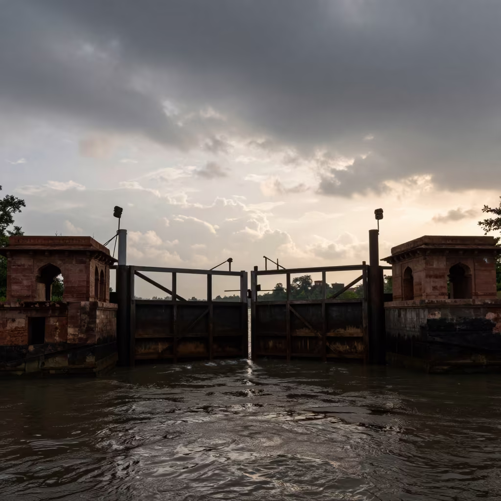 Monsoon Ruins: Silhouetted Lock Gates at Sunset in among collapsed cloisters in India