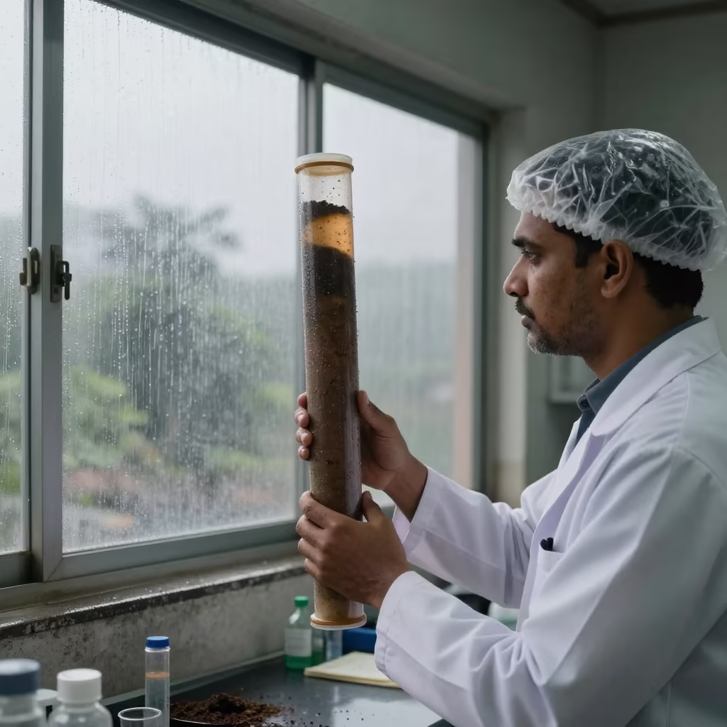 Monsoon Scientist Examining Sediment Core in in Tirunelveli