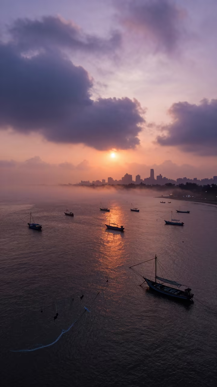 Monsoon Sea Fog Rolls Over Worli Harbor Sunrise in over a horizon of stacked thunderheads near Worli, Mumbai