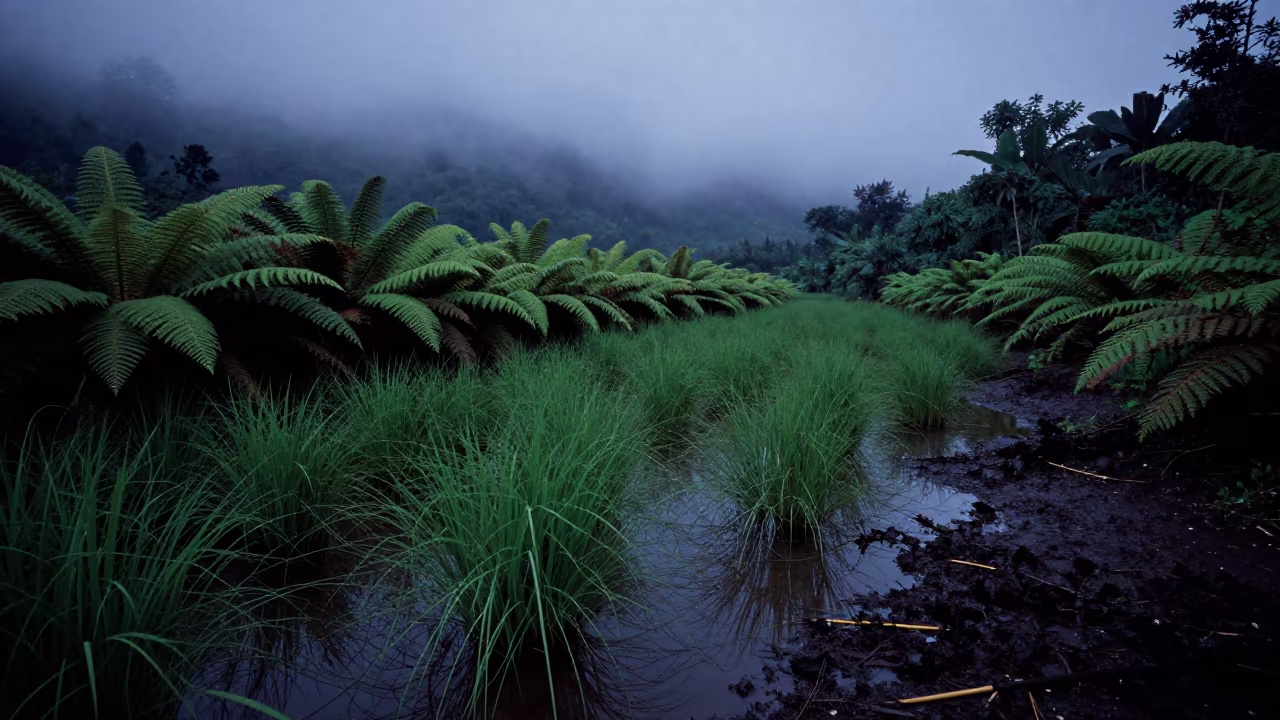 Monsoon Seagrass Under Starlight Fern Forest in on a fern-lined forest floor in Thailand
