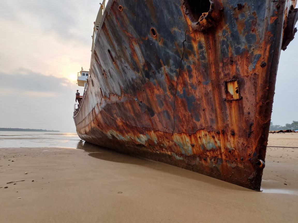 Monsoon Shipwreck on Mumbai Sandy Shore in beside a tidal inlet near Mumbai
