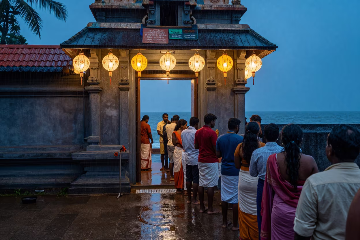 Monsoon Shrine Festival Queue by Ocean Doorway in at a waterfront celebration in Thiruvananthapuram