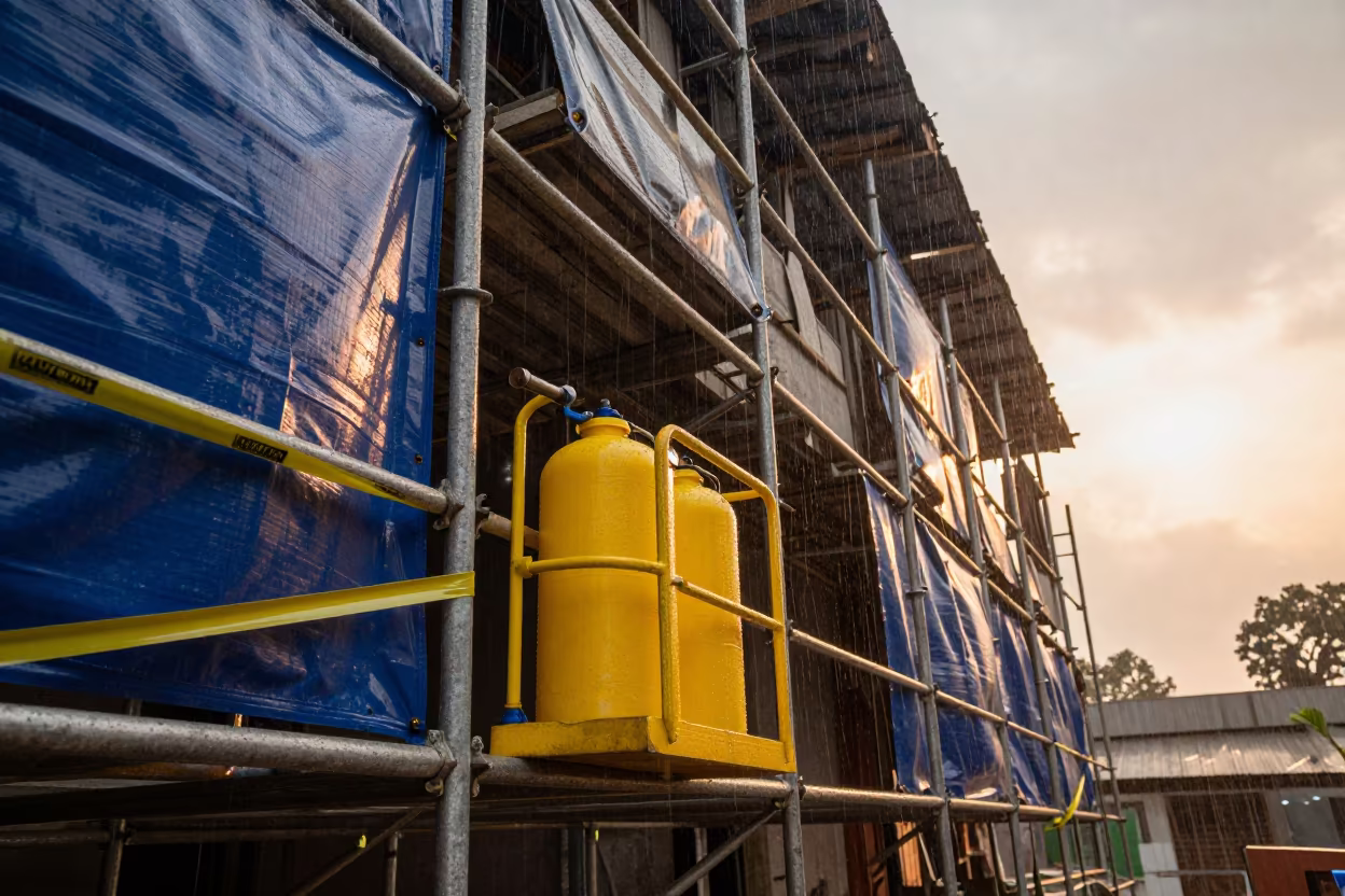 Monsoon Site Sprayer on Cameroonian Scaffold in along a scaffolded facade in Cameroon