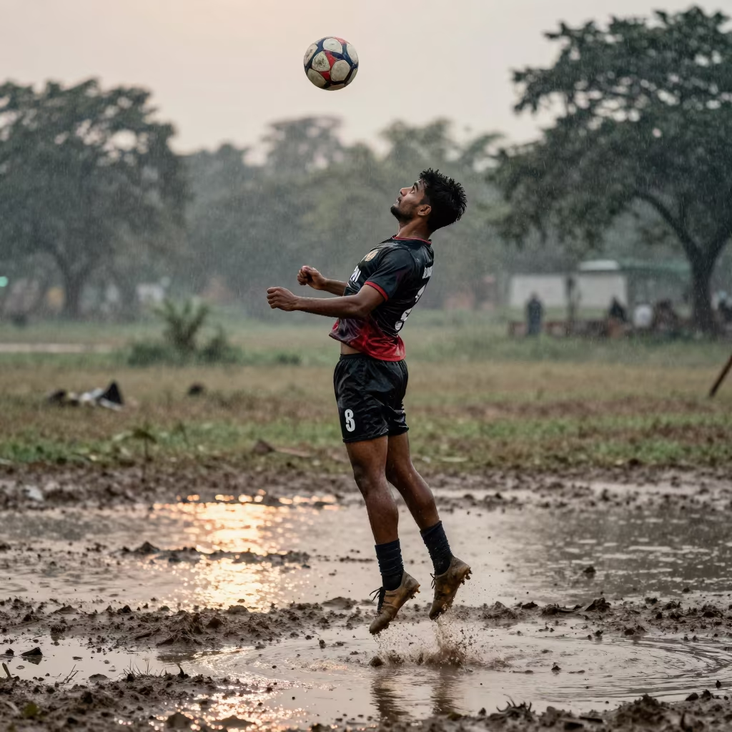 Monsoon Soccer Striker Volleying Cross Near Bhopal in near open fields near Bhopal