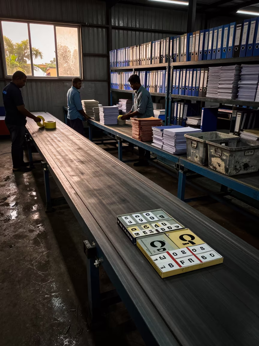 Monsoon Sorting Belt with Alphabet Tin and Binders in at a parcel sorting belt near Mymensingh