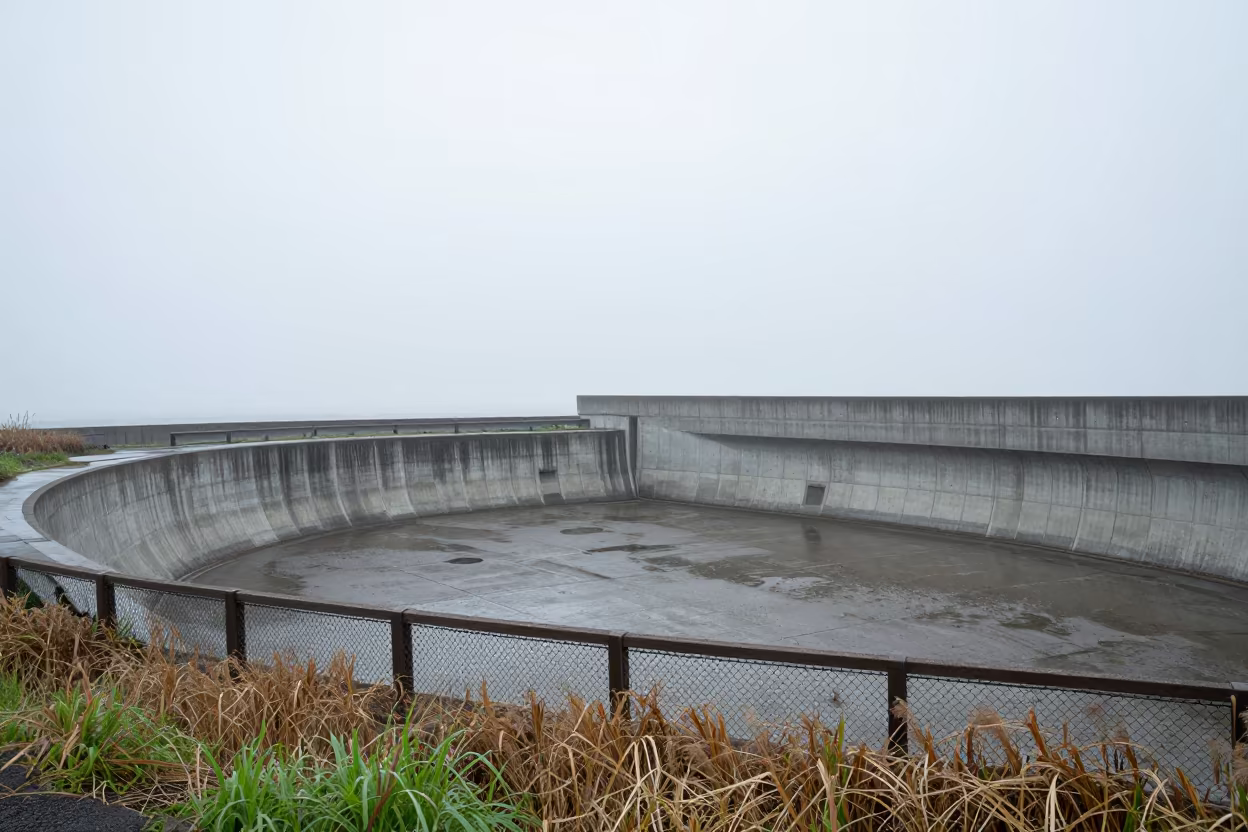 Monsoon Storm Drain Basin Japan in beside a storm surge barrier in Japan