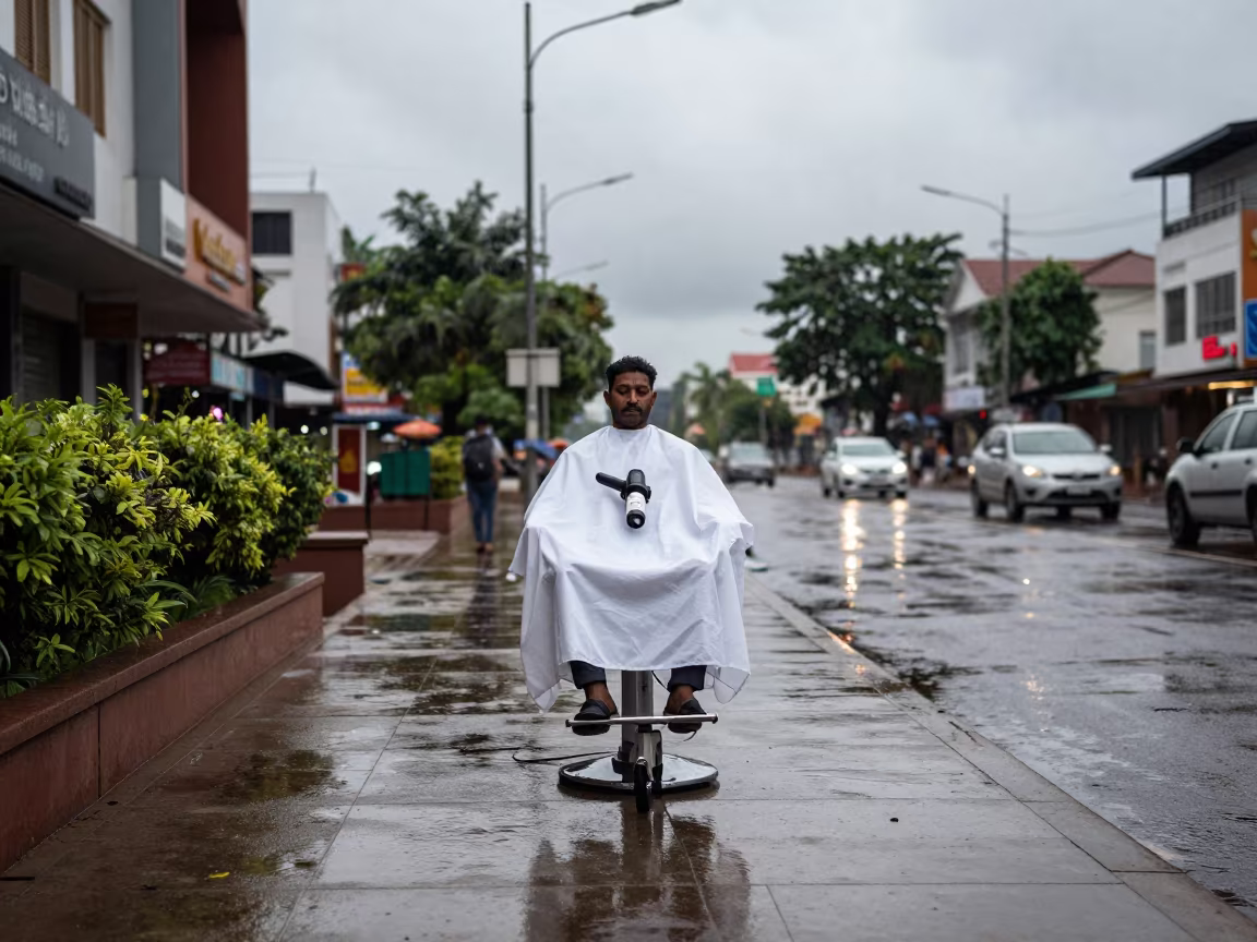 Monsoon Stylist Station Vellore Sidewalk in on a rain-darkened city sidewalk in Vellore