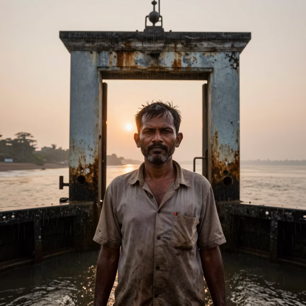 Monsoon Sunset Portrait of Lock Keeper Juhu in against a weathered doorway near Juhu, Mumbai