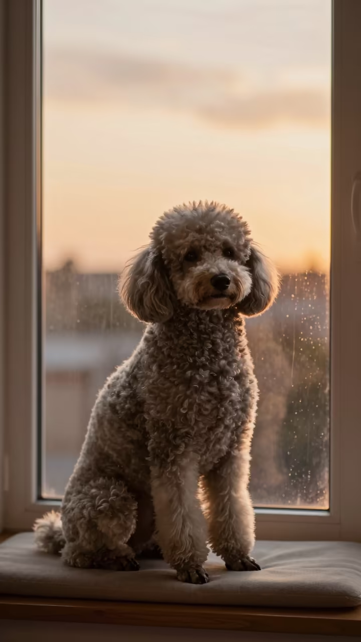 Monsoon Sunset Portrait of Poodle on Window Seat in on a cushioned window seat with soft side light and an uncluttered background in Dodoma