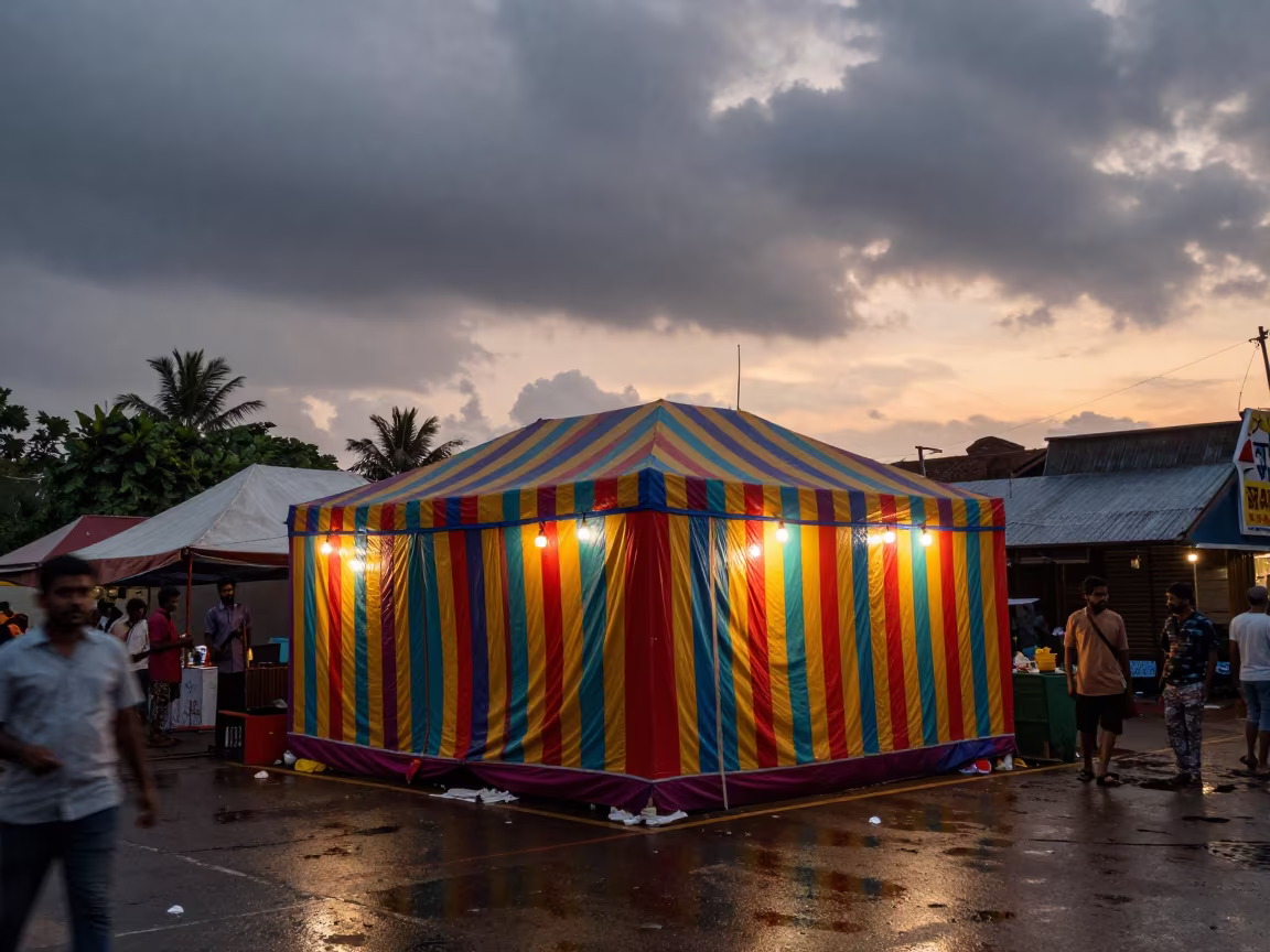 Monsoon Sunset Puppet Tent Street Corner Visakhapatnam in at a street corner busking spot in Visakhapatnam